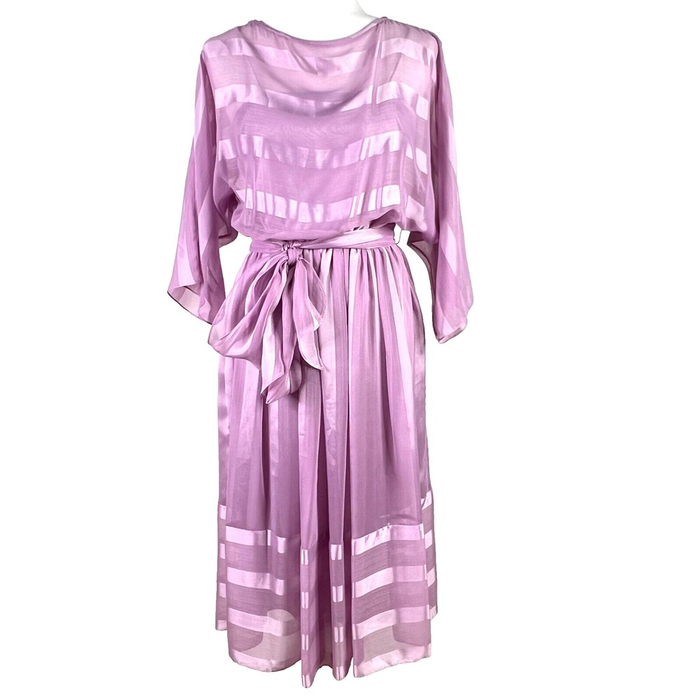 Vintage Sheer‎ Striped Midi Dress Womens Medium Lavender Purple Excellent Belted